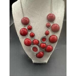 Red Bubble Bib Statement Necklace Silver Tone Chunky Dangle Drop Chain
